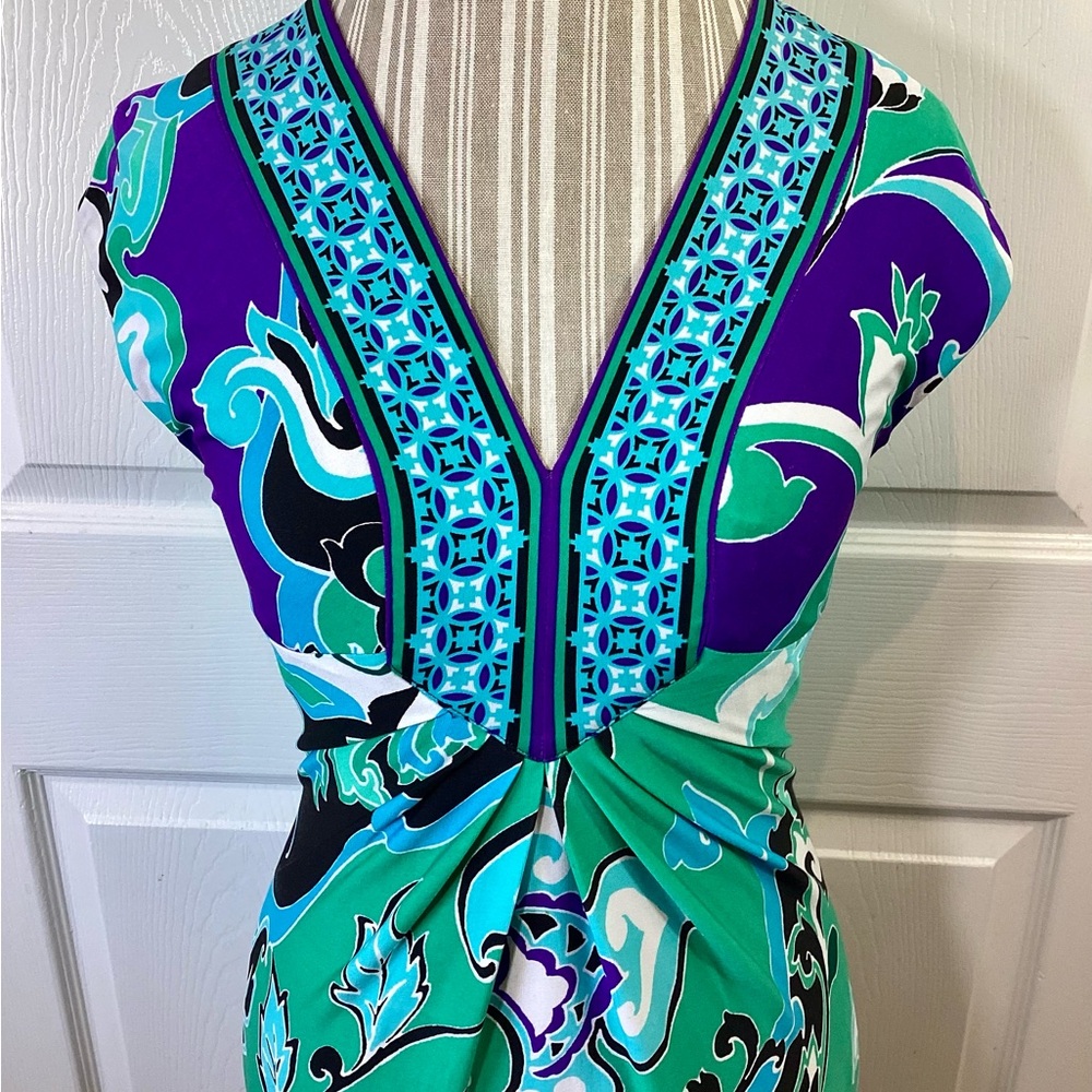 CACHE Blue/Green Baroque Print Mini Sheath Vacation Resort Dress~Small - Picture 2 of 6